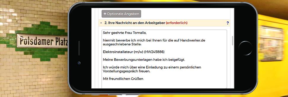 Mobile Bewerbung für eine Handwerkerstelle auf HANDWERKER.DE